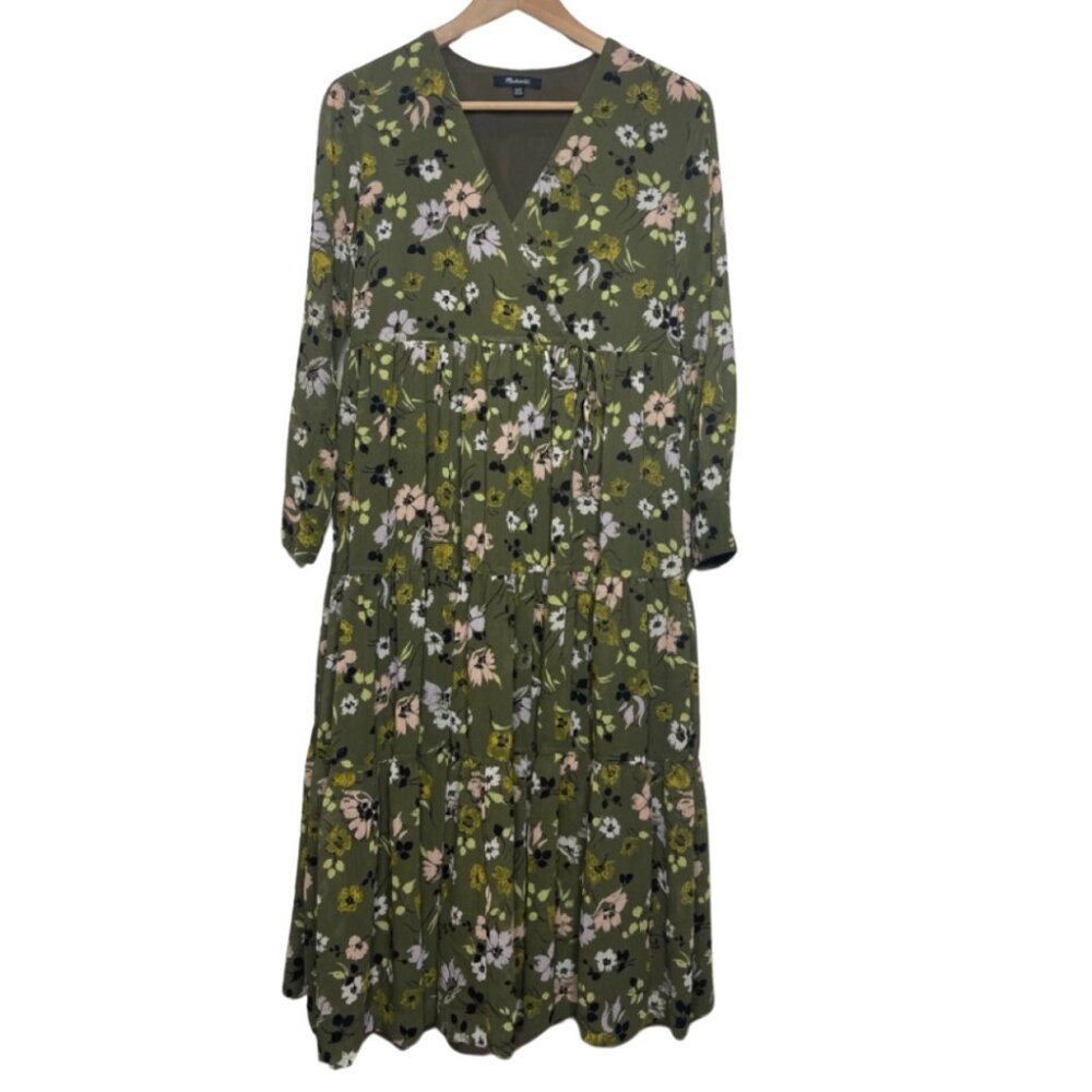 MADEWELL | Olive Green Floral Cinched Waist Wildblooms Midi Dress | Size XXSP - Picture 2 of 14